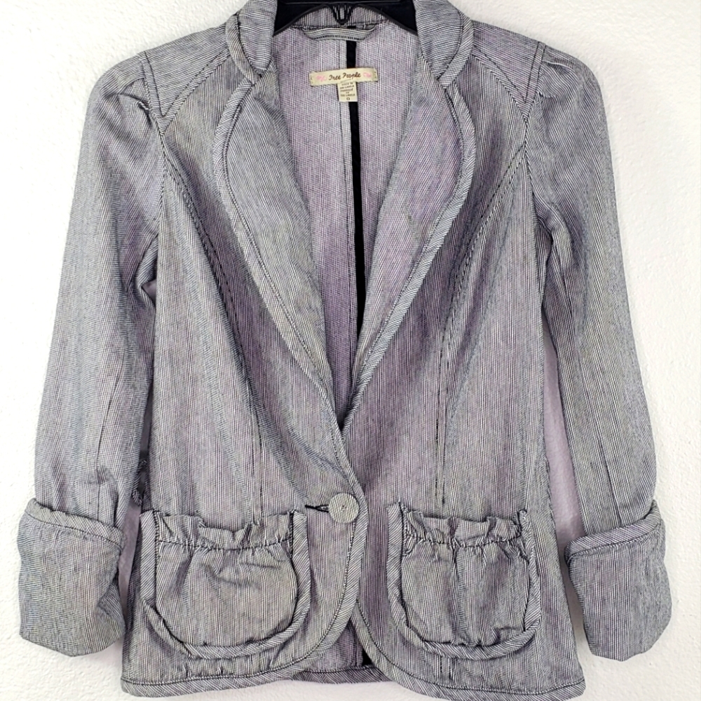 Free People Women's Cropped Blazer Jacket Smocked Pockets Rushed Casual Sz Small